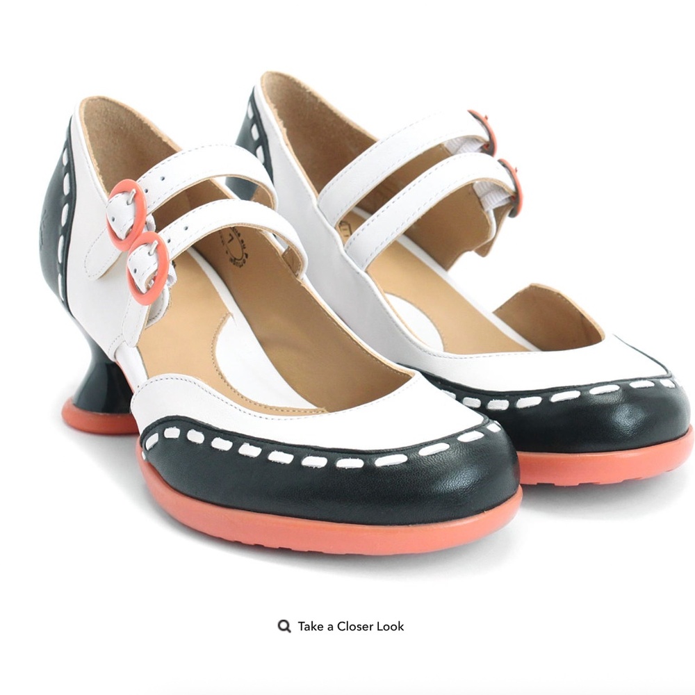 Fluevog Enneagram Giver black and white double strapped mary jane EUC